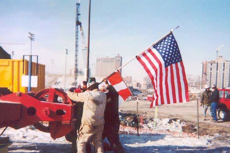 Workers with American flag